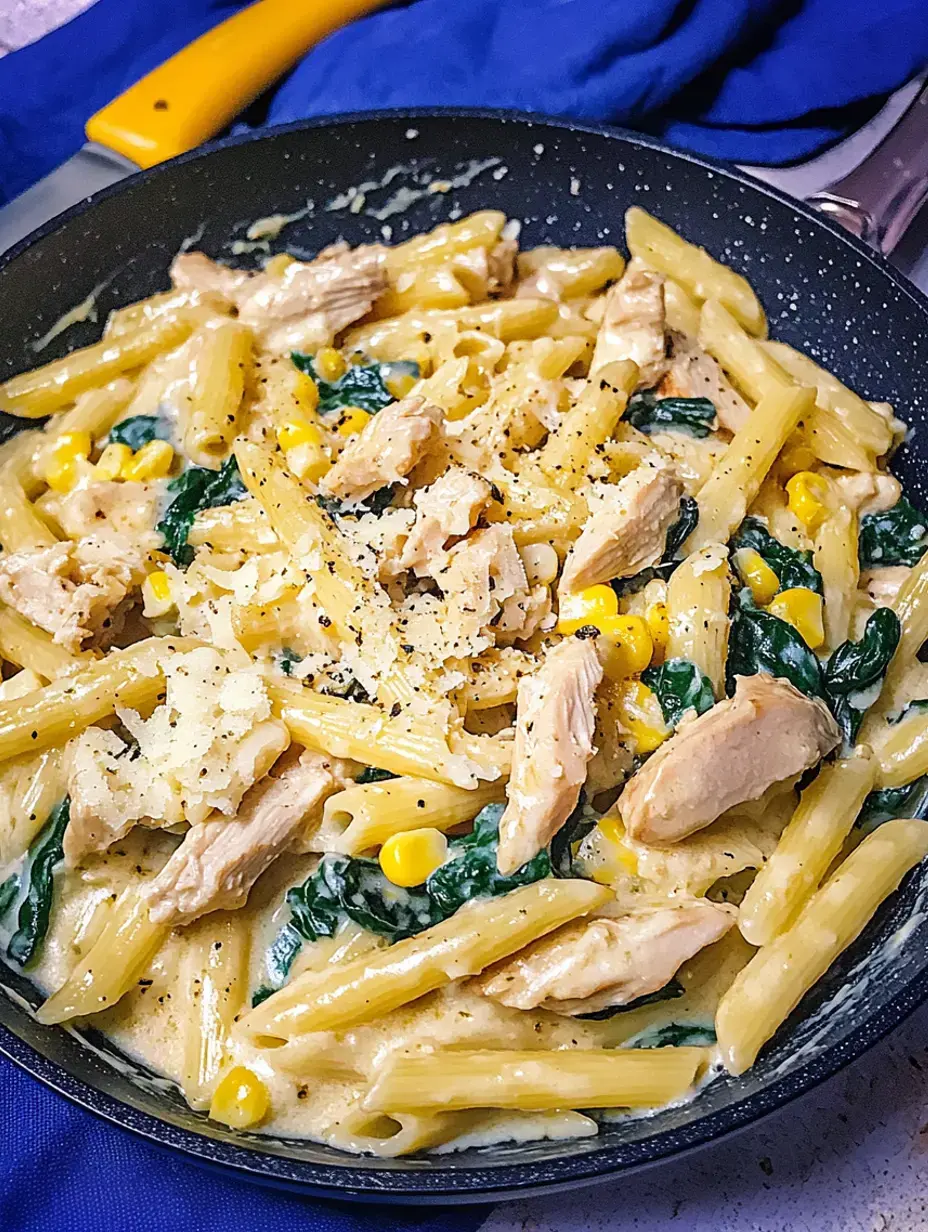 Uma frigideira cheia de massa cremosa misturada com frango, espinafre e milho, coberta com queijo ralado e pimenta preta.