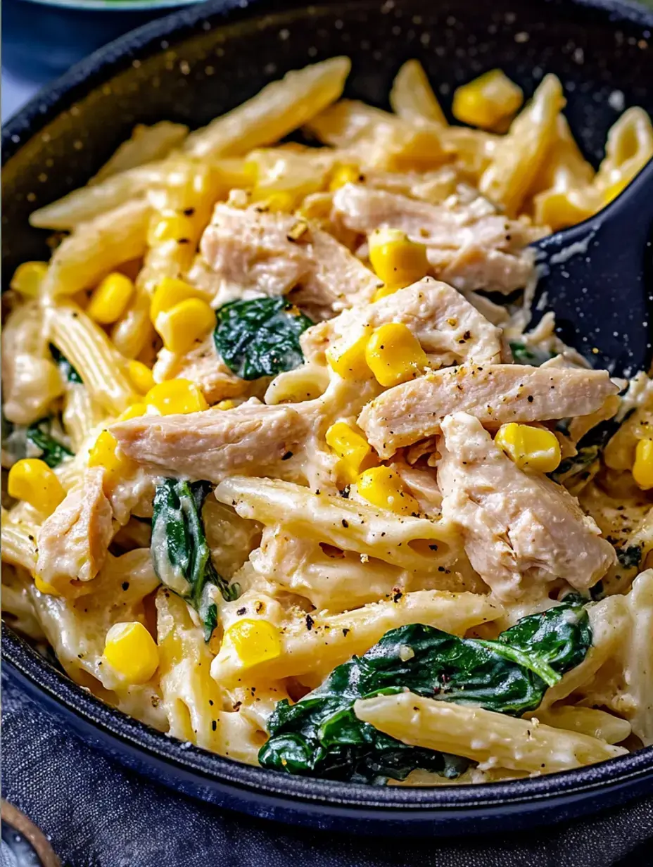 Um close de um prato de massa cremosa com penne, frango desfiado, milho e espinafre, decorado com pimenta preta.