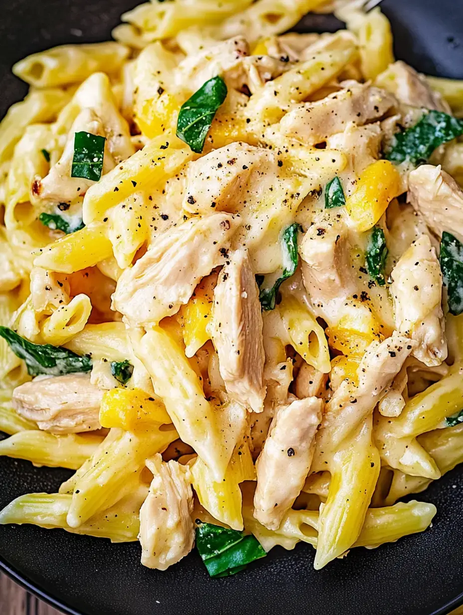 Um close de massa cremosa com penne, pedaços de frango e espinafre, decorada com pimenta preta num prato escuro.