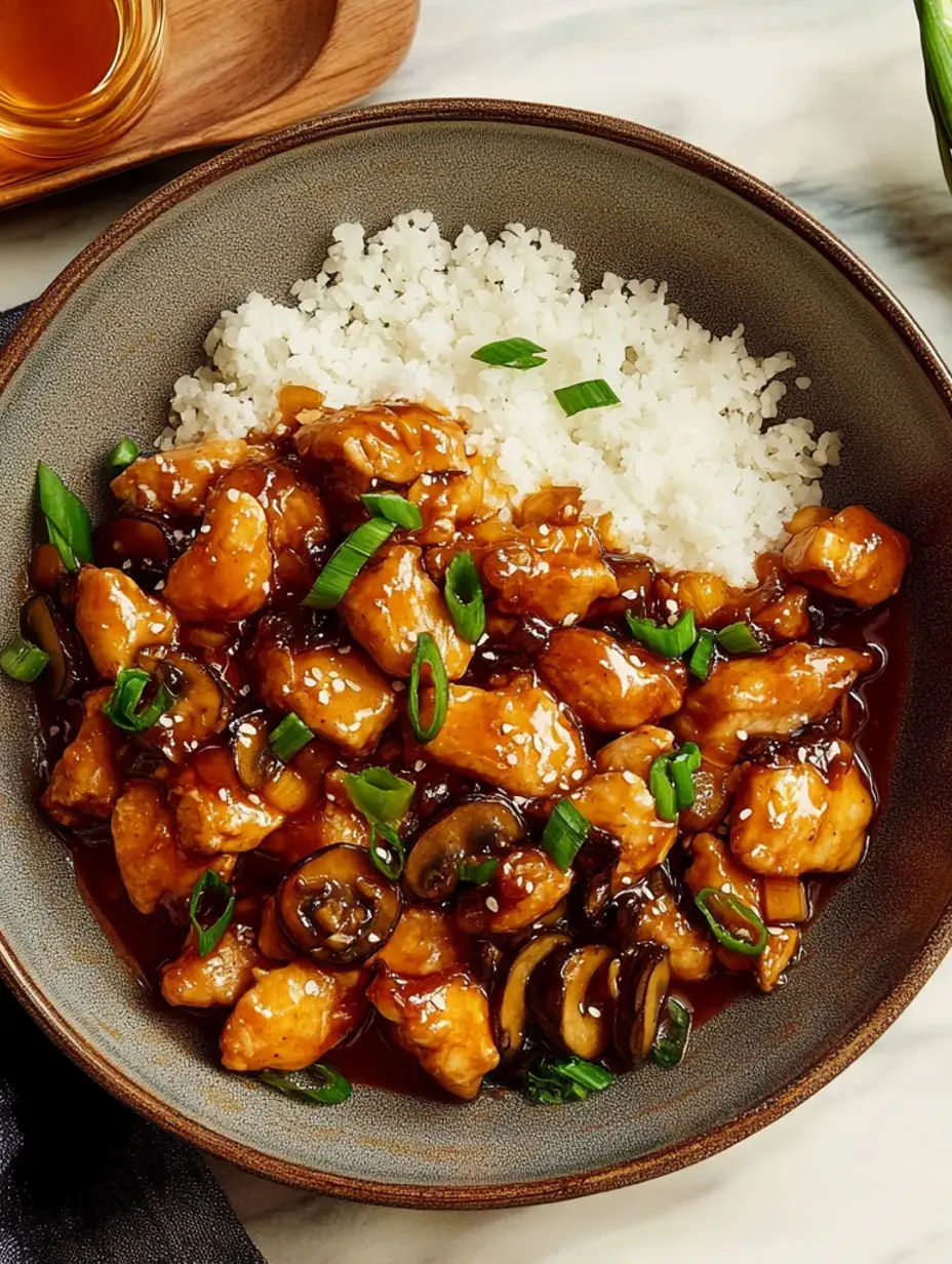 Uma tigela de frango crocante coberto com molho saboroso, servido com arroz branco e decorado com cebolinha picada e cogumelos.