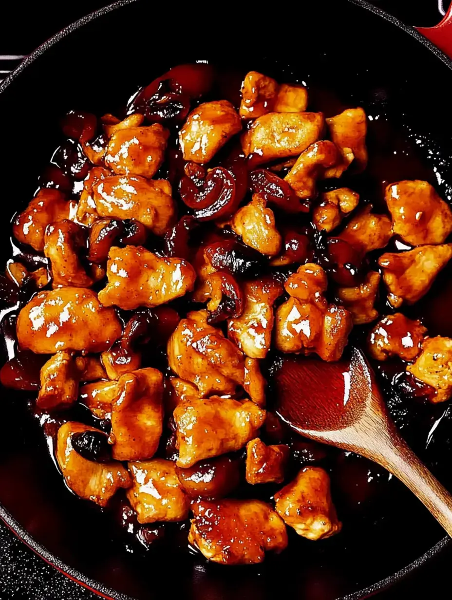 Uma imagem de close-up de pedaços de frango cozidos em um molho marrom brilhante, decorado com cogumelos escuros, em uma frigideira preta com uma colher de madeira.