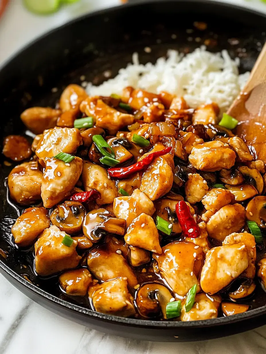 Um close-up de uma frigideira cheia de pedaços de frango salteados, cogumelos e cebolinha em um molho escuro, servido com arroz branco.