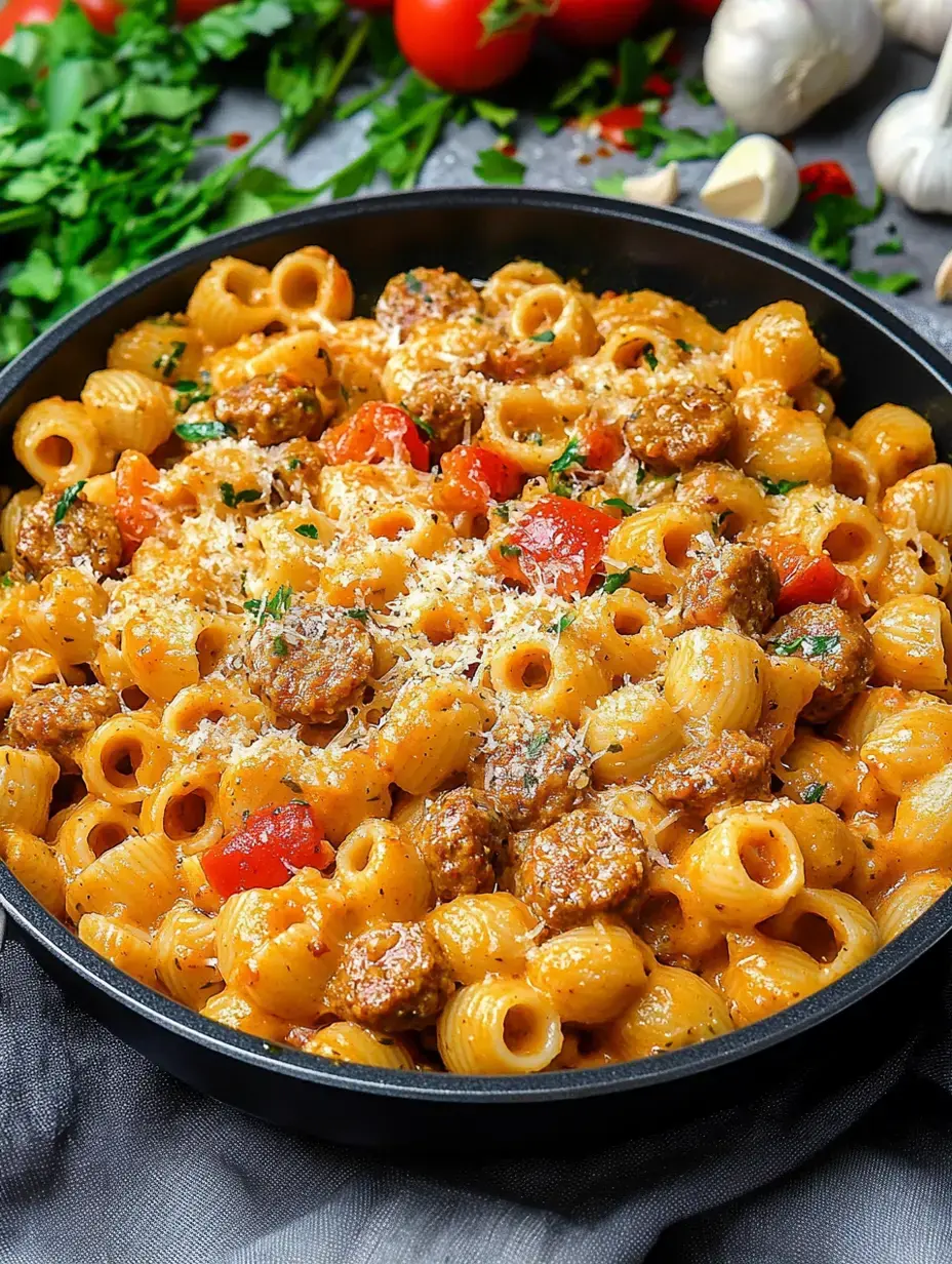 Um close de uma tigela de massa com linguiça, tomates e queijo ralado, decorada com ervas, rodeada por vegetais frescos.
