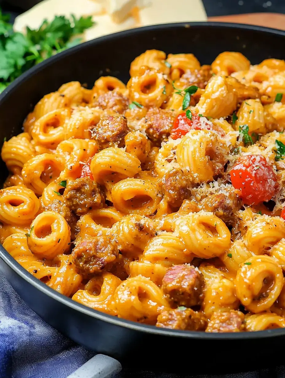Um close de uma tigela de massa cremosa misturada com linguiça, tomates cereja e decorada com queijo ralado e ervas frescas.