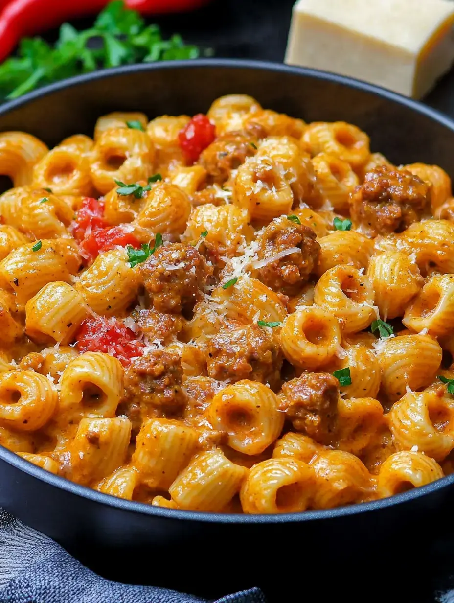 Uma tigela farta de massa com almôndegas, tomates e molho cremoso, decorada com ervas frescas e queijo parmesão.