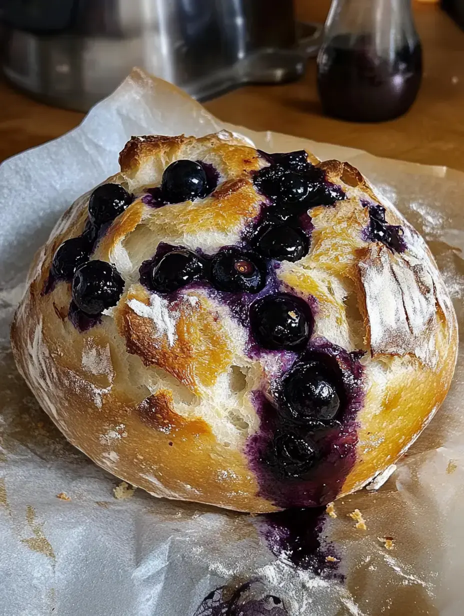 Um pão recém-assado com mirtilos estourando e escorrendo suco roxo colocado sobre papel manteiga.