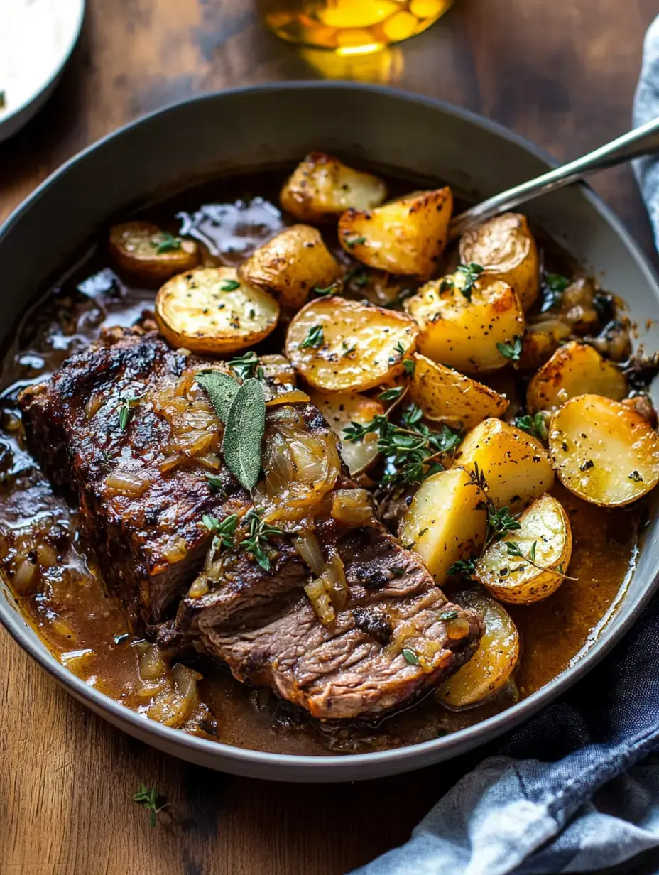 Um close de um prato com carne assada macia coberta com cebolas e ervas, servida com batatas douradas assadas em molho saboroso.