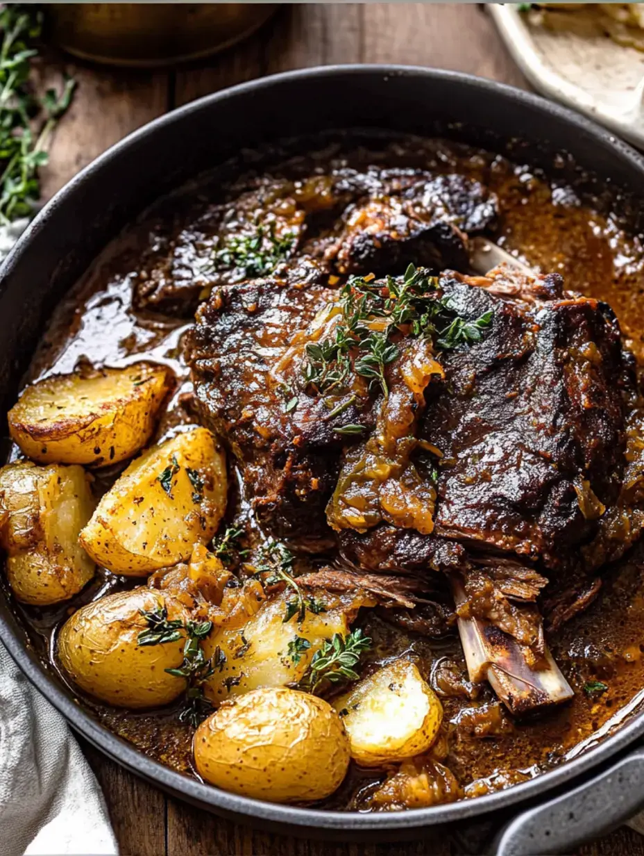 Uma panela saborosa de carne cozida com batatas assadas crocantes, decorada com ervas em um molho rico.