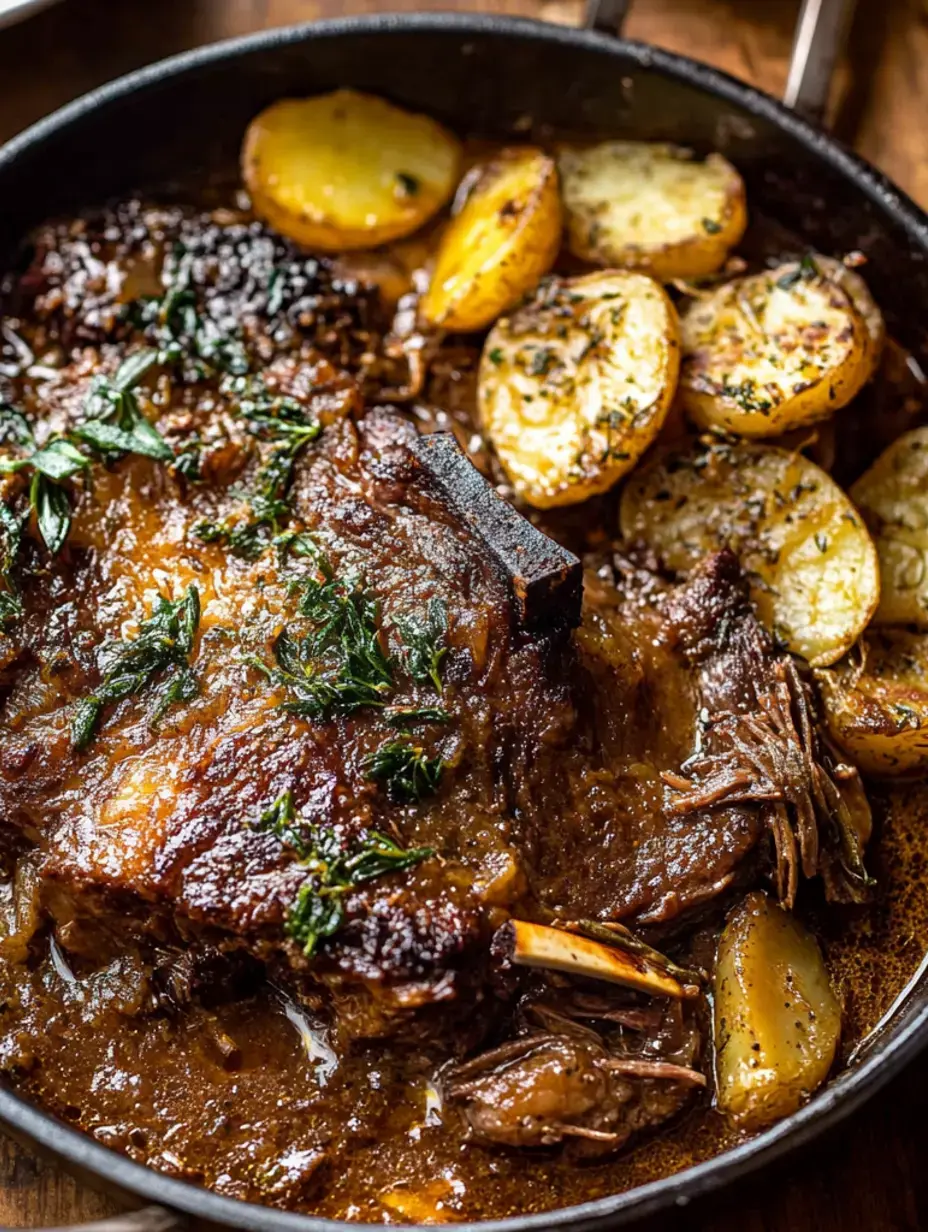 Um close de uma frigideira de ferro contendo carne macia cozida guarnecida com ervas frescas e cercada por batatas douradas assadas.