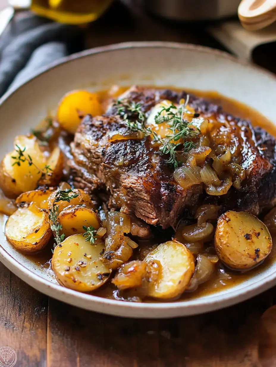 Um prato substancial com uma porção de carne assada com cebolas caramelizadas e batatas assadas, decorado com tomilho fresco.