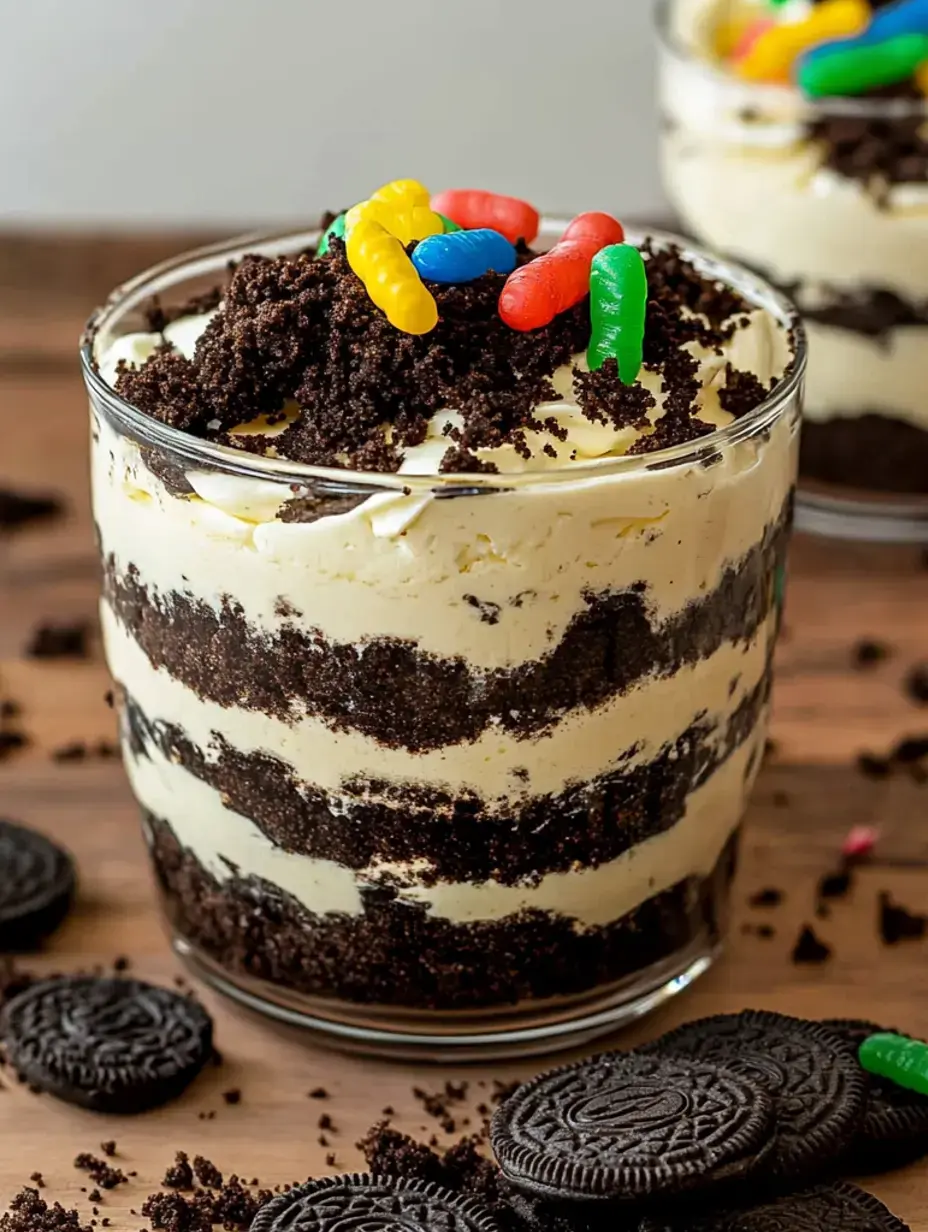 Uma sobremesa em camadas num copo de vidro com creme e Oreos esmagadas, coberta com doces gelatinosos e servida numa superfície de madeira com bolachas Oreo espalhadas ao redor.