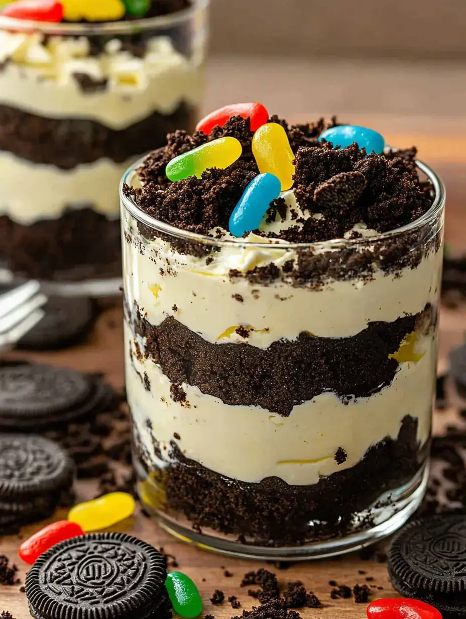 Um close de um copo de sobremesa com camadas de bolachas de chocolate esmagadas e creme, coberto com gomas coloridas, numa superfície de madeira com bolachas Oreo espalhadas ao redor.