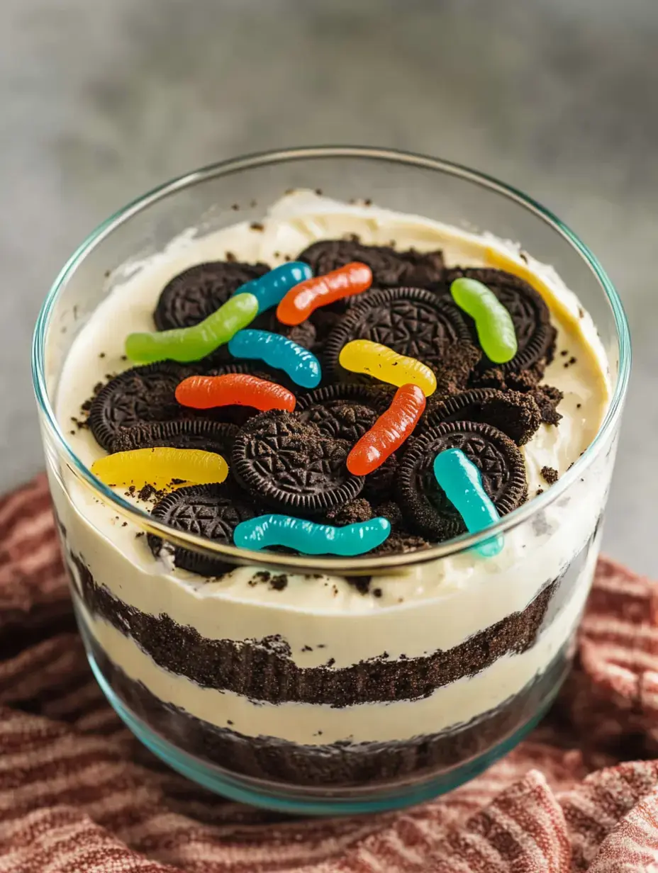 Uma taça de sobremesa de vidro com camadas de creme, Oreos esmagadas e coberta com minhocas de goma coloridas.