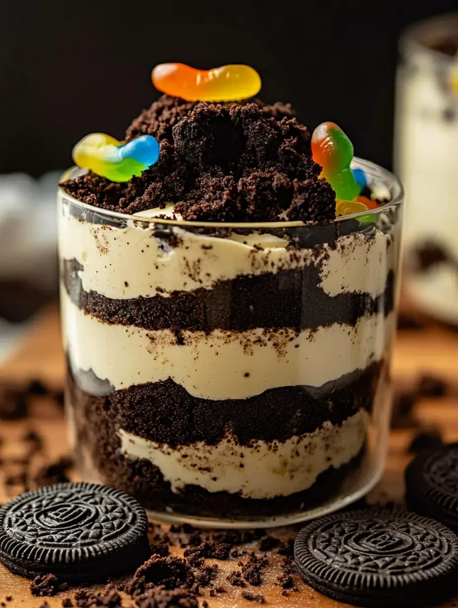 Uma taça de sobremesa transparente recheada com camadas de migalhas de bolacha Oreo e recheio cremoso, coberta com terra de chocolate e minhocas de goma.