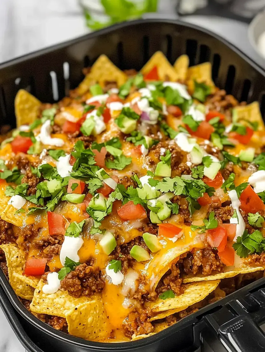 Um close-up de um prato de nachos cobertos com carne moída temperada, queijo derretido, tomates picados, cebolinha e coentro fresco, servido em um prato preto.