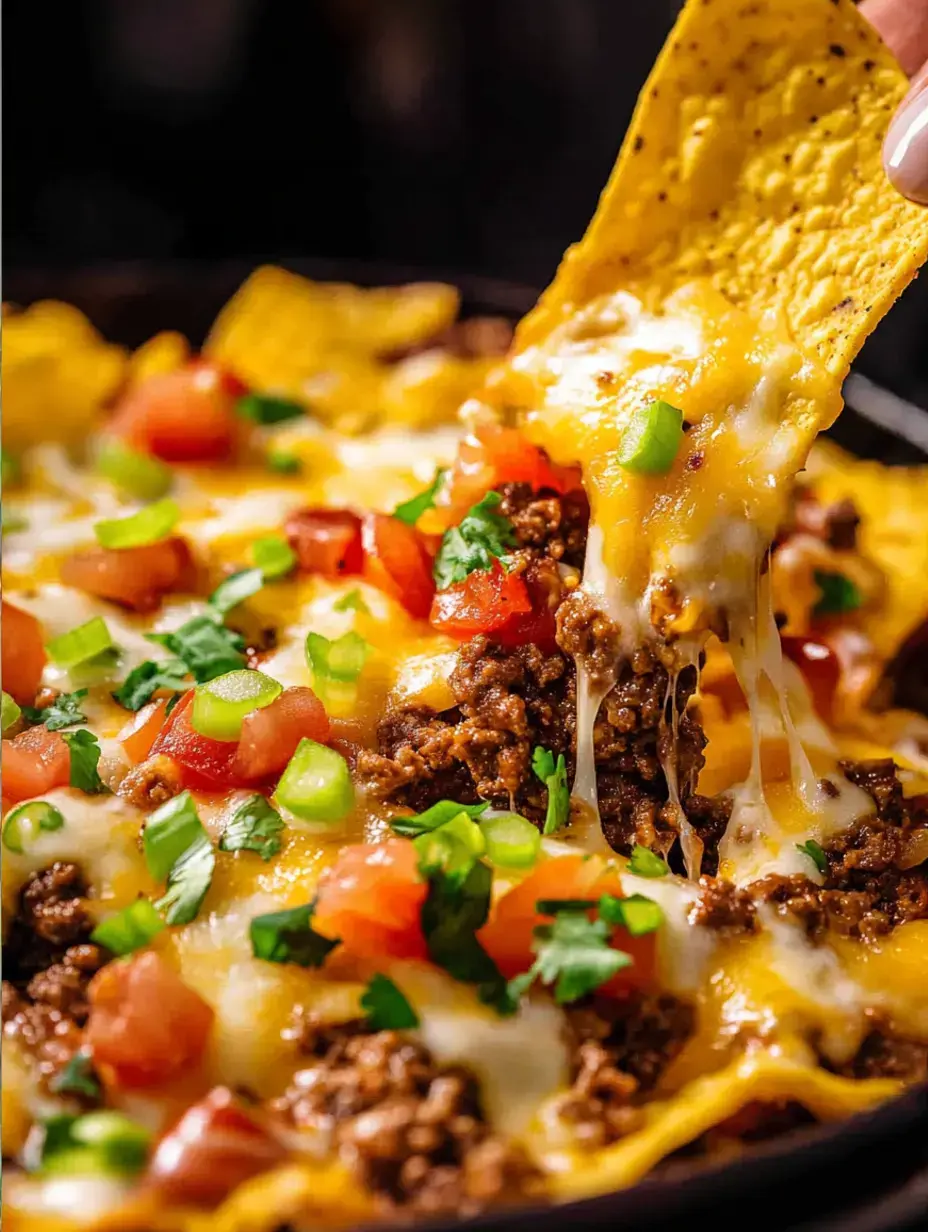 Um close-up de nachos com queijo cobertos com carne moída, tomates frescos, cebolinha e coentro, sendo pegos por uma mão.