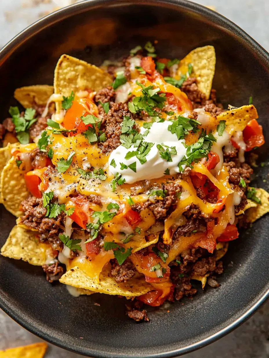 Uma tigela de nachos coberta com carne moída temperada, queijo derretido, tomates frescos, coentro e uma colherada de creme de leite.