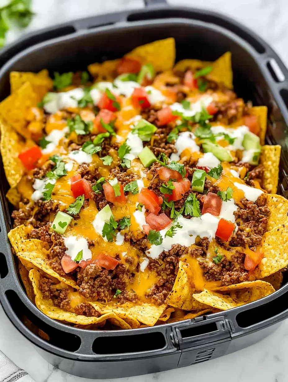 Uma visão de perto de um prato cheio de nachos cobertos com carne moída, queijo derretido, tomates picados, coentro e creme de leite.