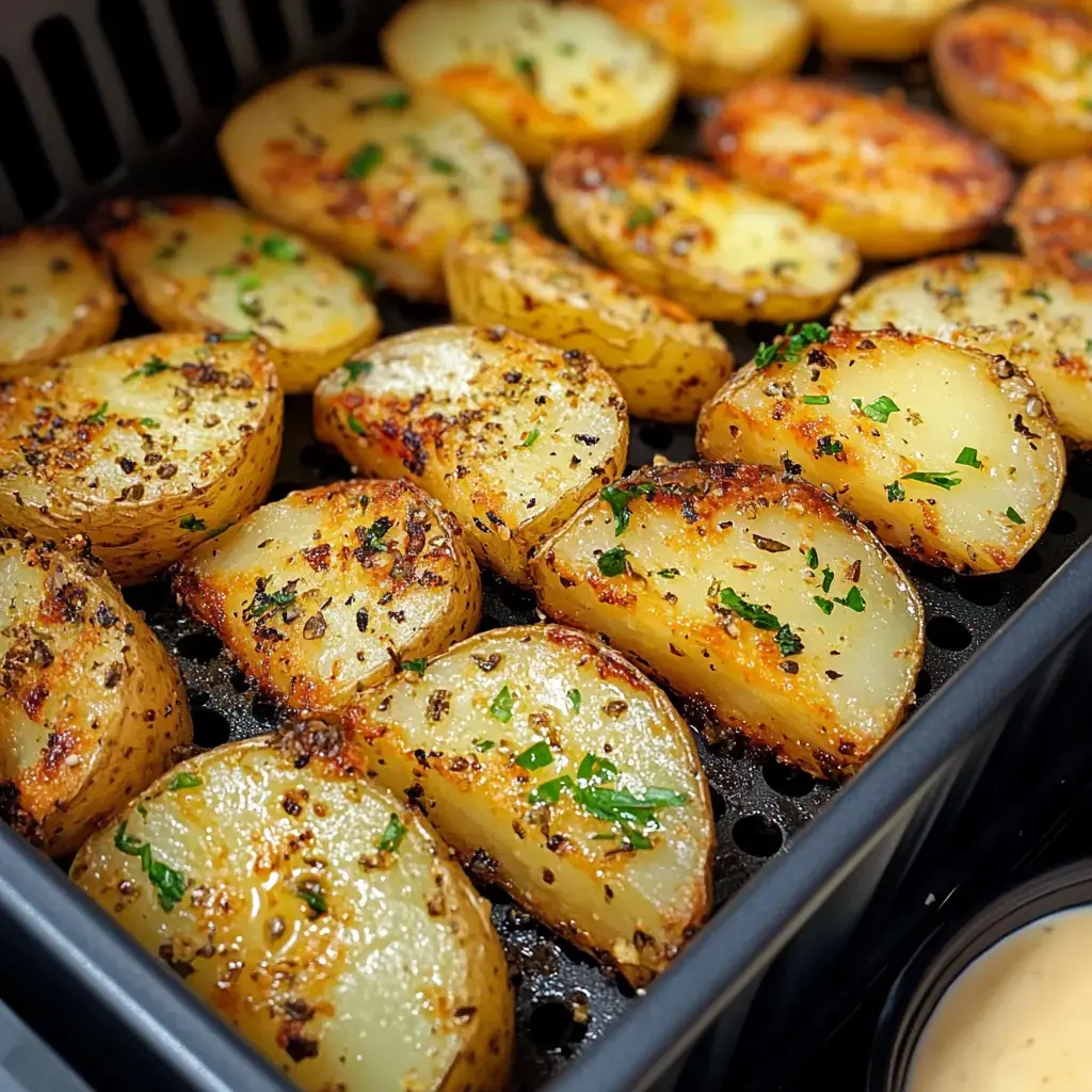 Um close de batatas douradas e crocantes decoradas com ervas picadas, dispostas em uma bandeja preta.