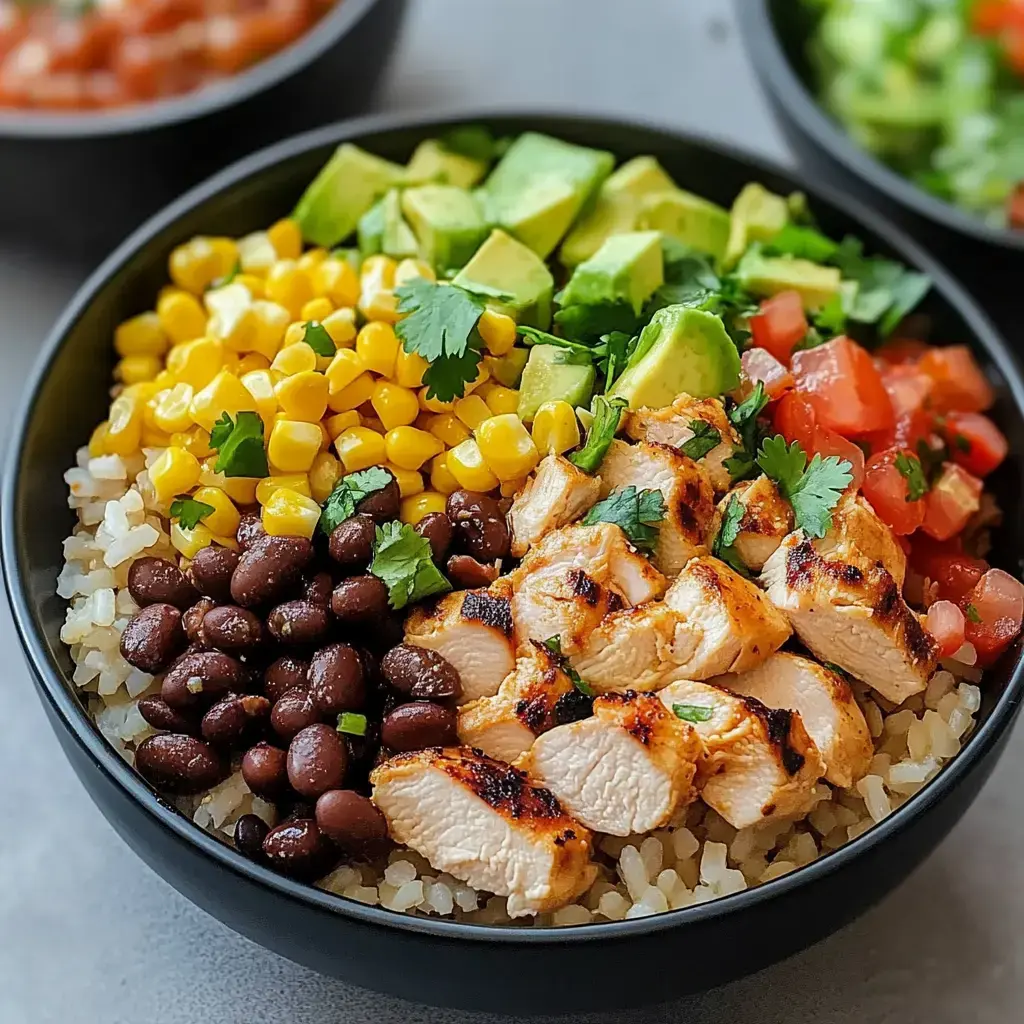 Uma tigela colorida com frango grelhado, feijão preto, milho, tomates picados, abacate e coentro sobre arroz.