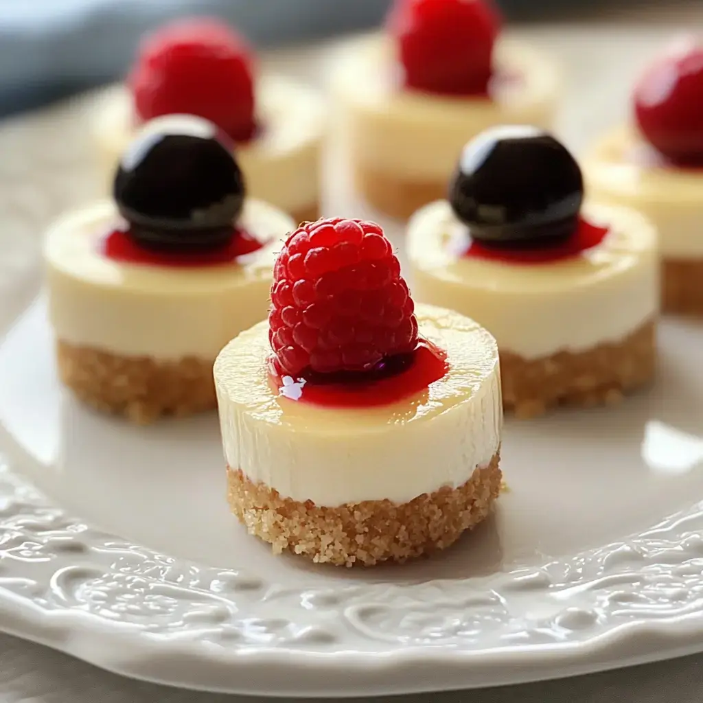 Um prato com cheesecakes minis decorados com framboesas, cerejas escuras e um fio de calda vermelha.