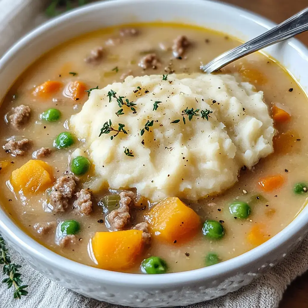 Uma tigela de sopa farta com carne moída, legumes picados e uma generosa porção de purê cremoso com ervas no topo.