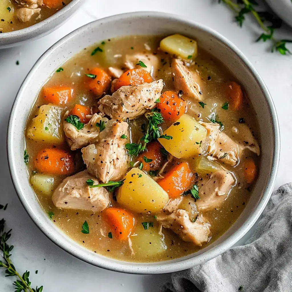 Uma tigela de sopa de frango com pedaços de frango, cenouras, batatas e ervas em um caldo cremoso.