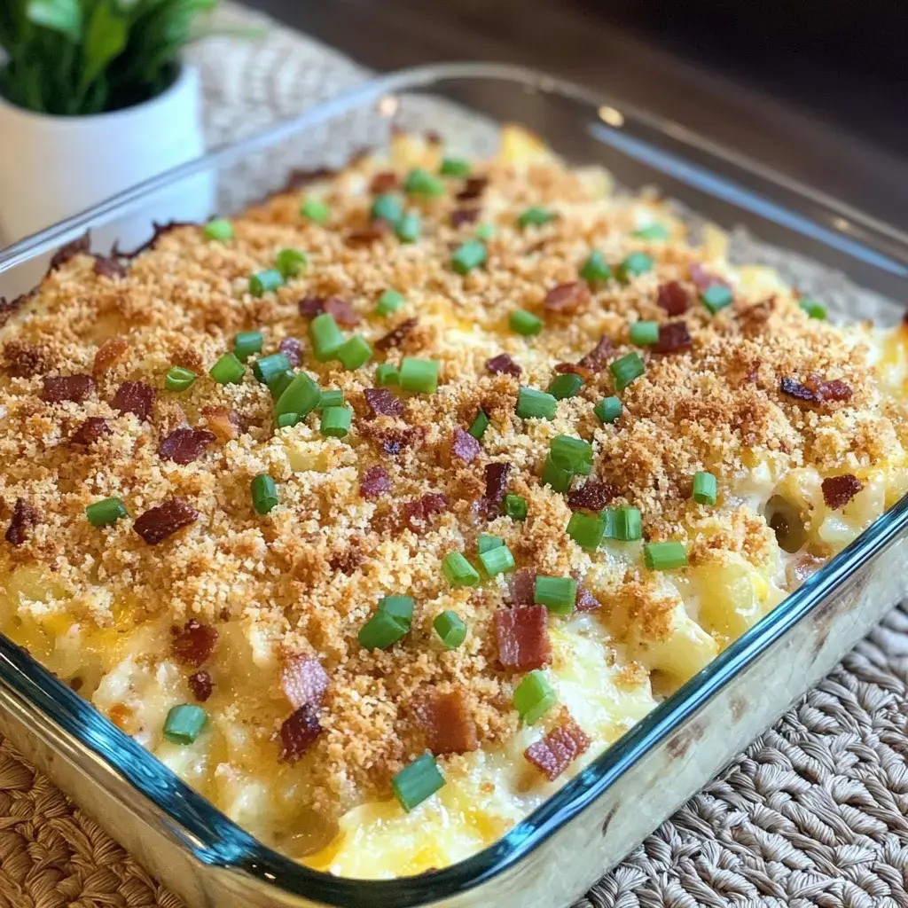 Uma travessa de vidro com macarrão gratinado, coberto com farofa crocante, bacon em pedaços e cebolinha, sobre um jogo americano trançado ao lado de uma pequena planta em vaso.