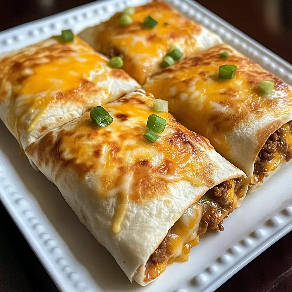 Um prato com quatro burritos dourados, recheados de queijo e cobertos com cebolinha picada.