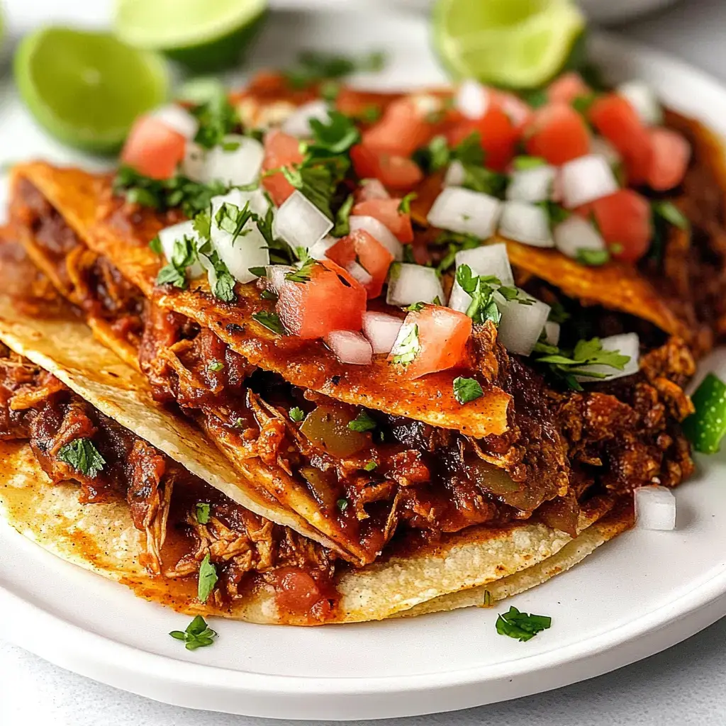 Um prato com tortilhas empilhadas, cobertas com carne desfiada, molho, tomate picado, cebola, coentro e acompanhado de fatias de limão.