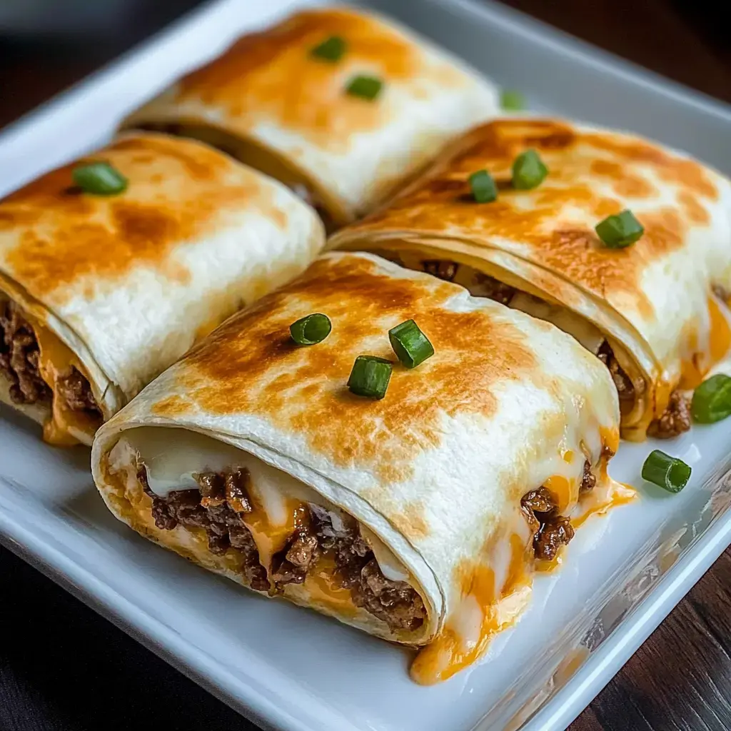 Um prato com quatro tortilhas douradas recheadas com carne moída e queijo derretido, decoradas com cebolinha picada.
