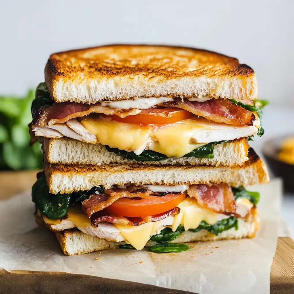 Um sanduíche alto feito com pão torrado, em camadas com bacon, frango, queijo, espinafre e tomate.