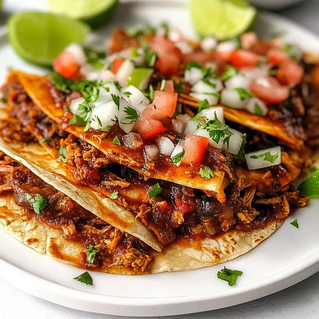Um close de um prato de enchiladas coberto com tomates picados, cebolas, coentro e fatias de limão.