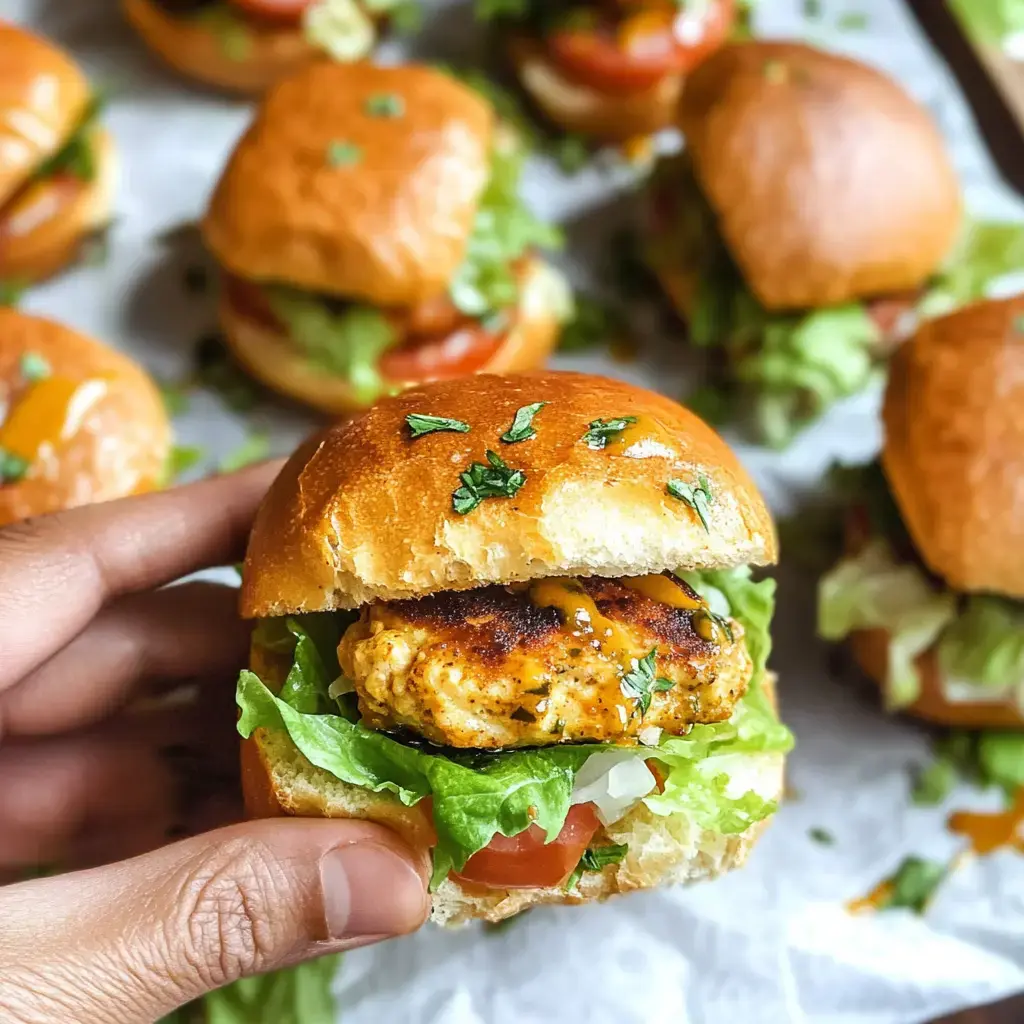 Uma mão segura um miniburger recheado com alface, tomate e um filé temperado, com mais sanduíches semelhantes ao fundo.