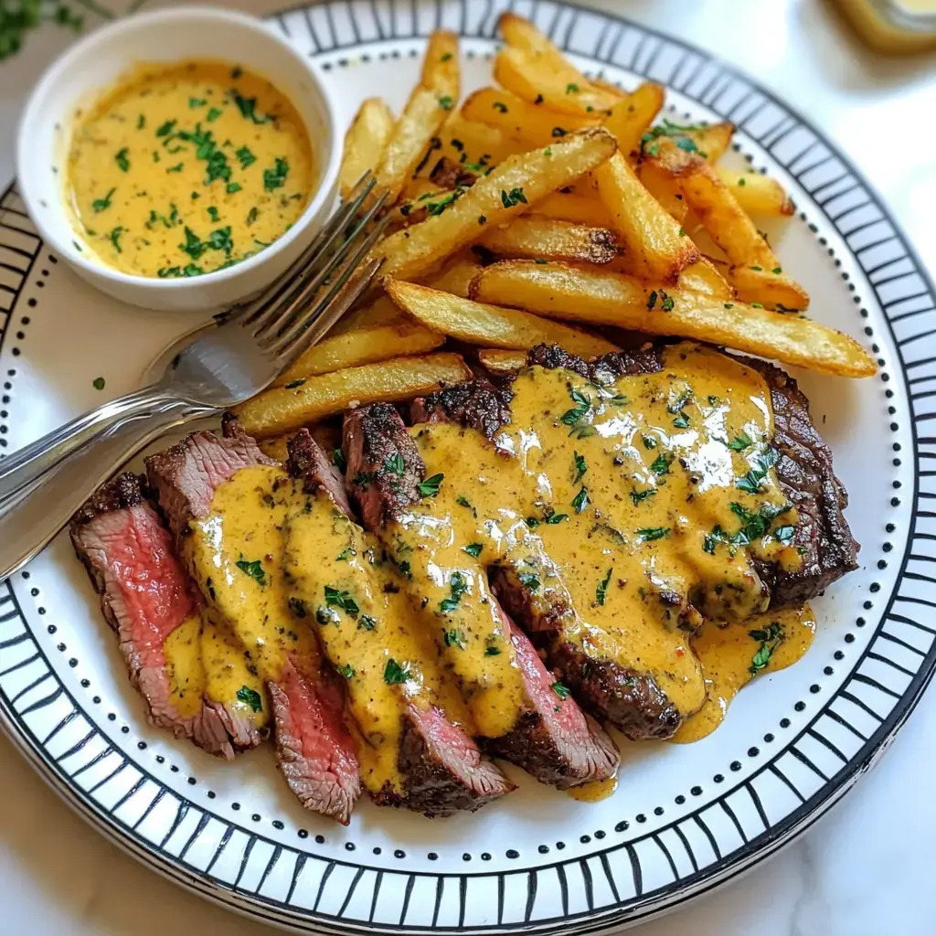 Um prato com bife fatiado regado com molho cremoso, acompanhado de batatas fritas crocantes e uma tigela pequena com molho adicional.