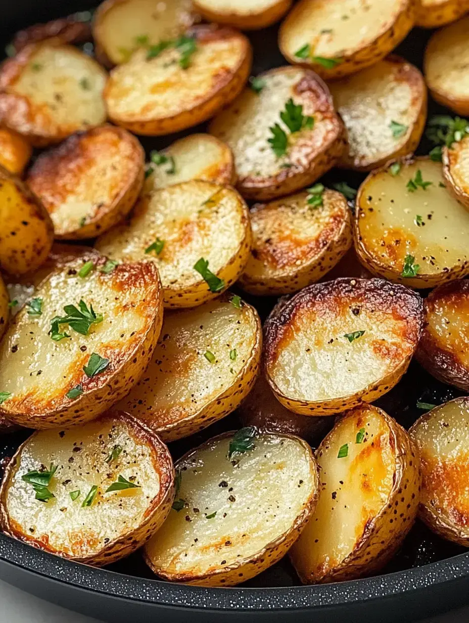 Uma visão aproximada de metades de batata douradas, assadas e decoradas com salsinha picada.
