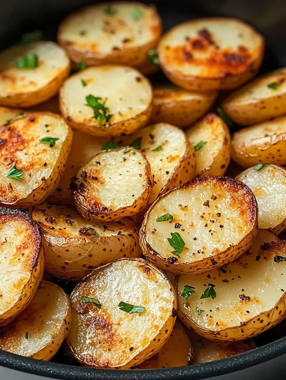 Um close de fatias de batata douradas e assadas, decoradas com ervas verdes numa tigela escura.