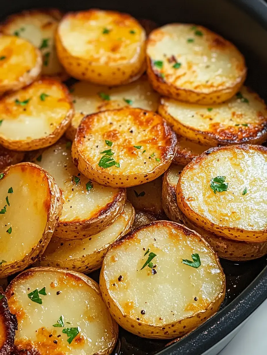 Um close de fatias de batata assadas e douradas cobertas com salsinha picada, organizadas em um prato preto.