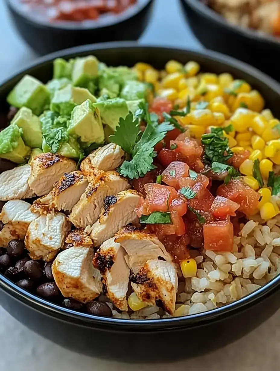 Uma tigela preta cheia de arroz integral, fatias de frango grelhado, feijão preto, milho, tomate picado, pedaços de abacate e coentro por cima.