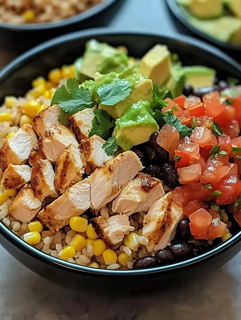 Uma tigela de arroz coberta com fatias de frango grelhado, milho, feijão preto, guacamole, coentro fresco e tomate picado.
