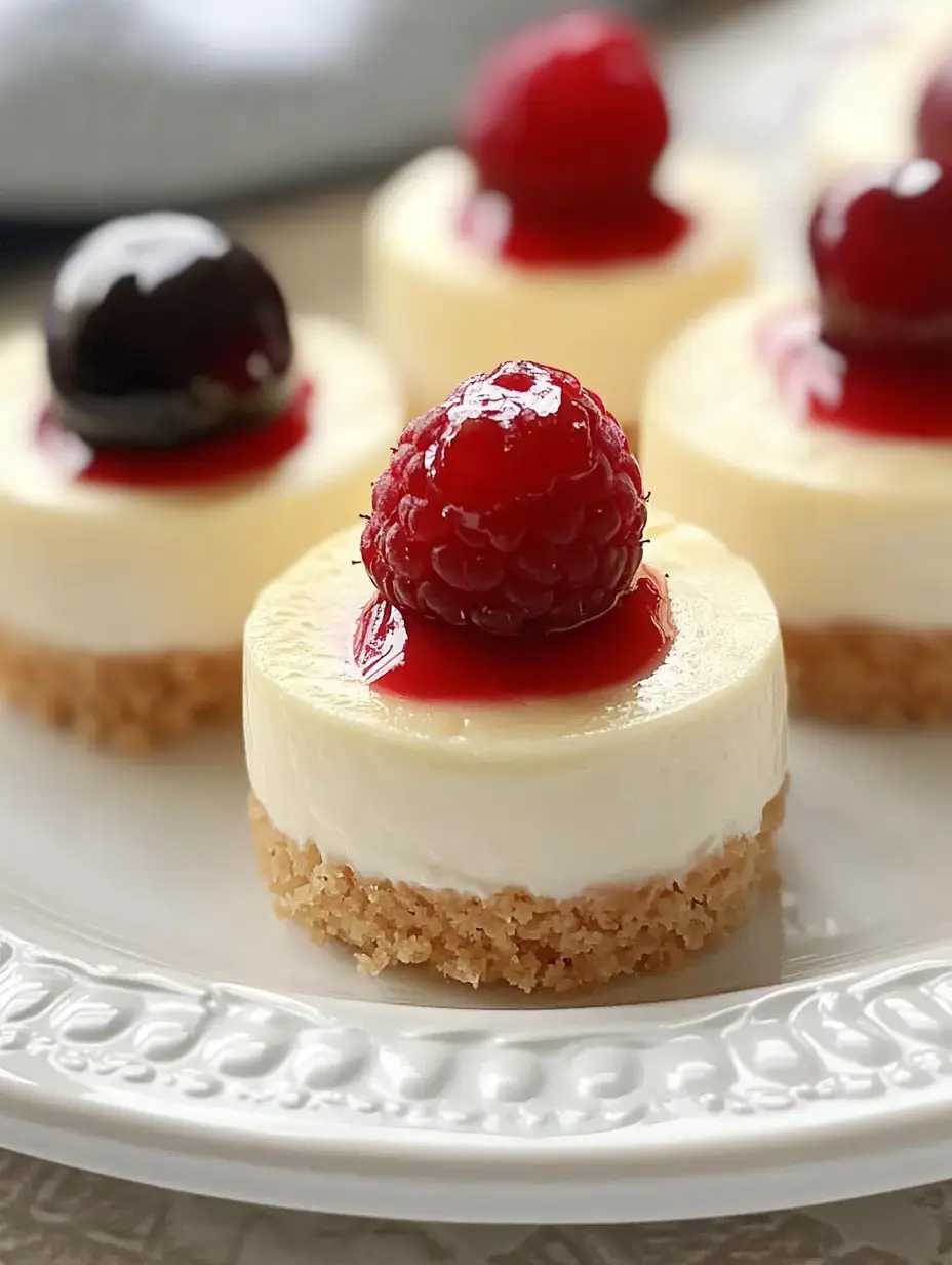 Um close de mini cheesecakes cobertos com framboesas e regados com calda de framboesa num prato decorativo.