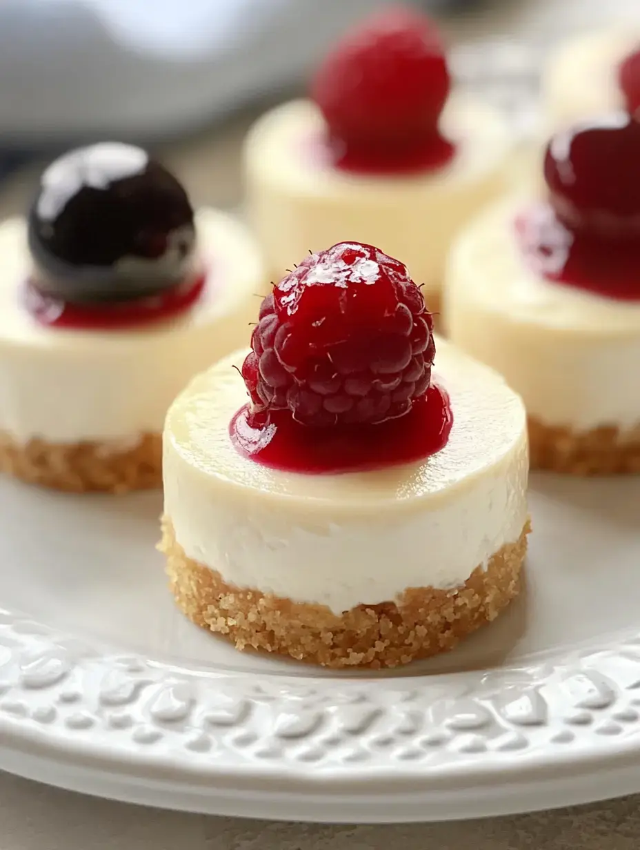 Um prato de cheesecakes individuais cobertos com calda de framboesa e amora.