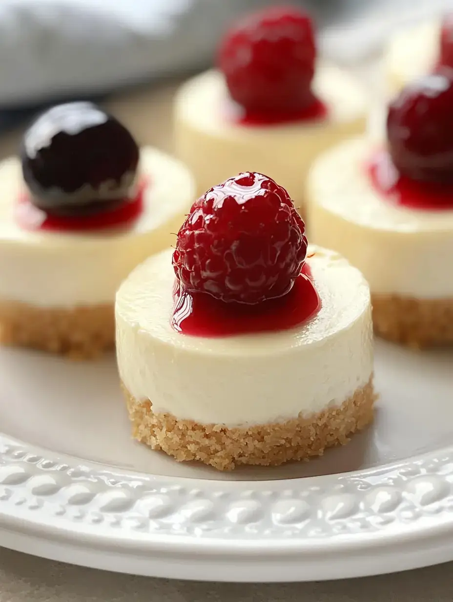 Um close de mini cheesecakes decorados com framboesas frescas e regados com calda de framboesa num prato decorativo.