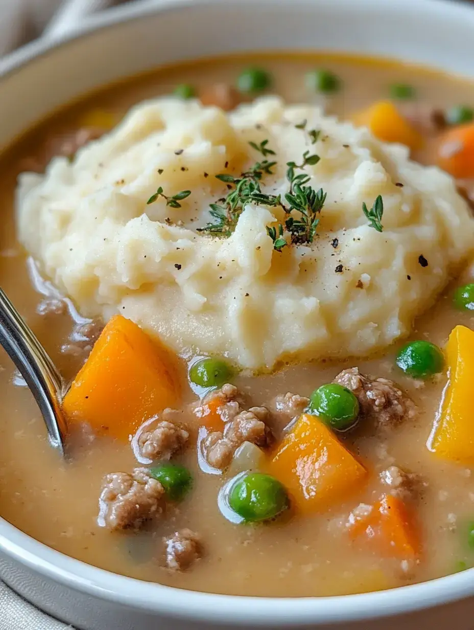 Uma tigela de ensopado reconfortante com purê de batata cremoso por cima, rodeado de carne moída, ervilhas verdes e pedaços de abóbora laranja e cenouras.
