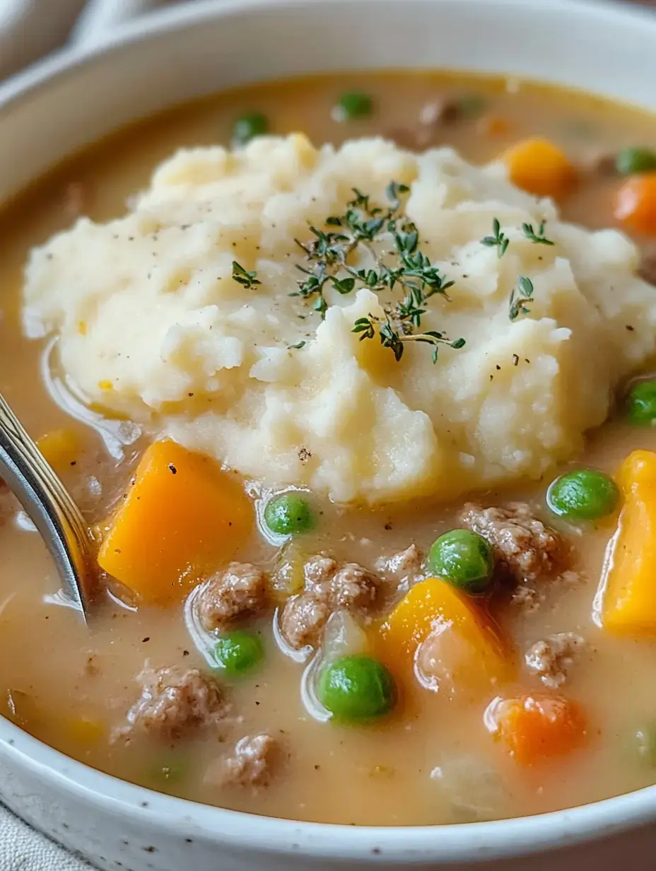 Uma tigela de sopa substanciosa com carne moída, legumes e purê de batata cremoso finalizado com tomilho fresco.