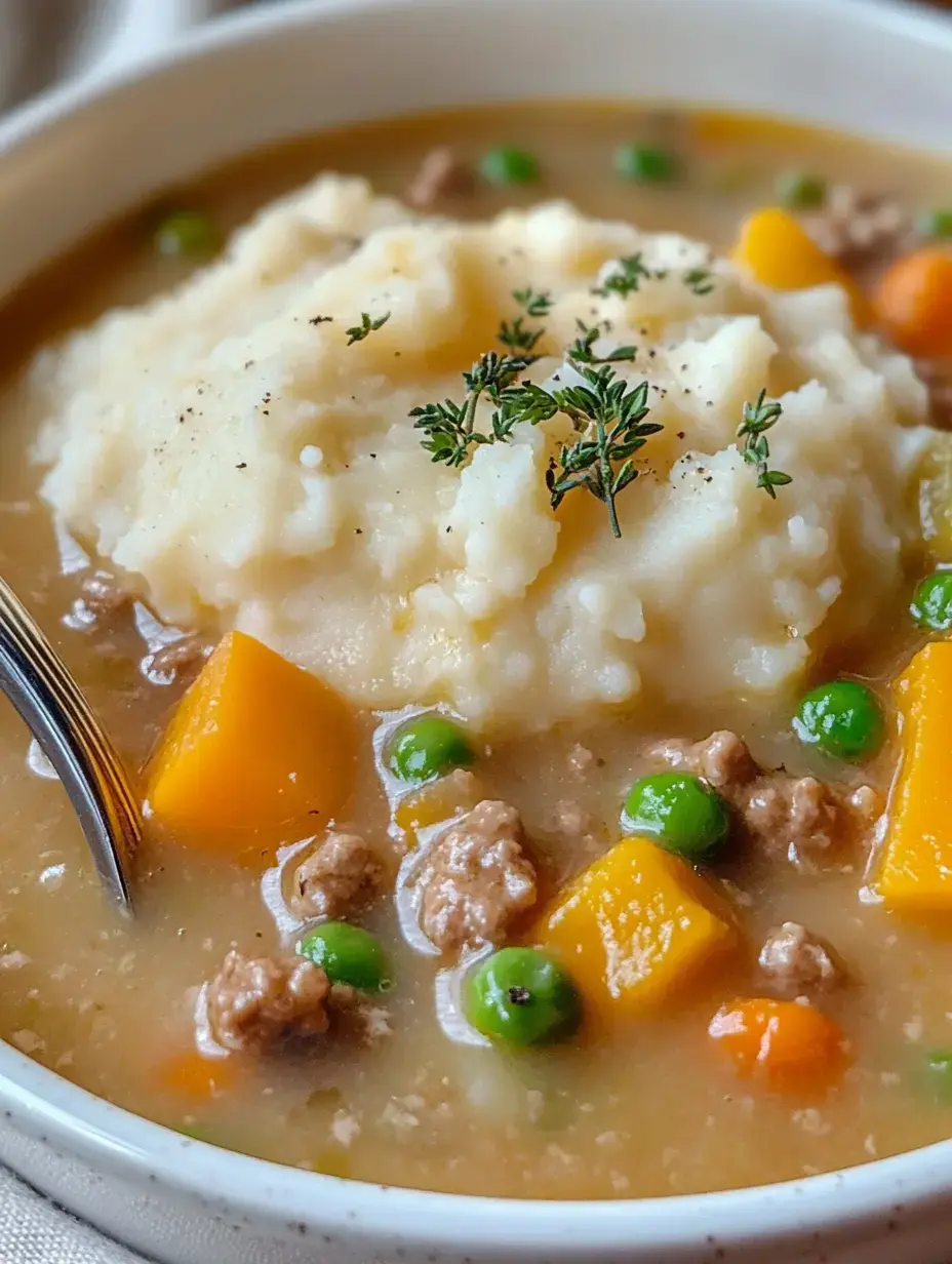 Uma tigela de sopa substanciosa com carne moída, legumes coloridos e purê de batata cremoso finalizado com ervas frescas.