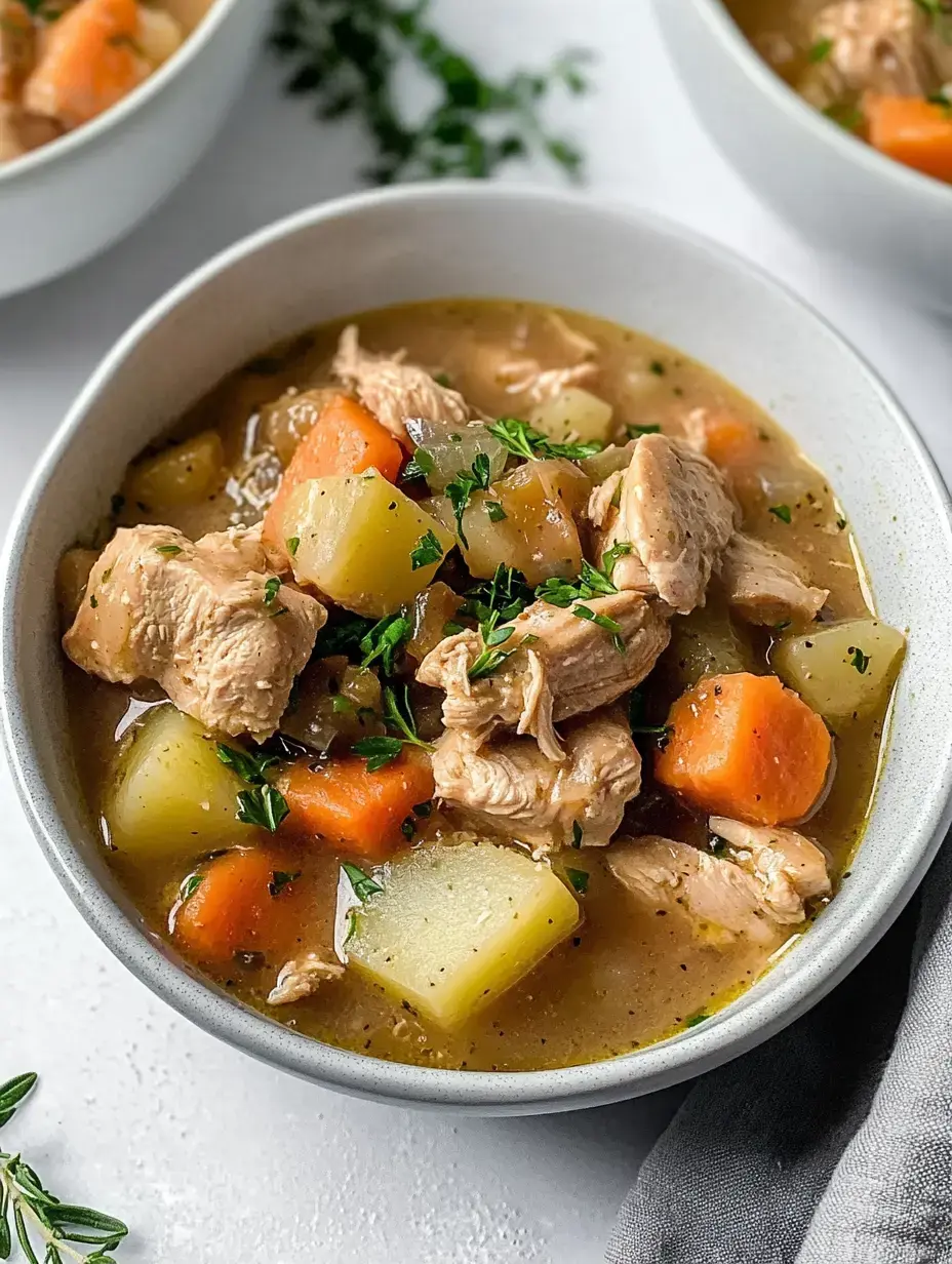 Uma tigela de ensopado de frango consistente com pedaços de frango, cenouras, batatas e decorado com salsinha.