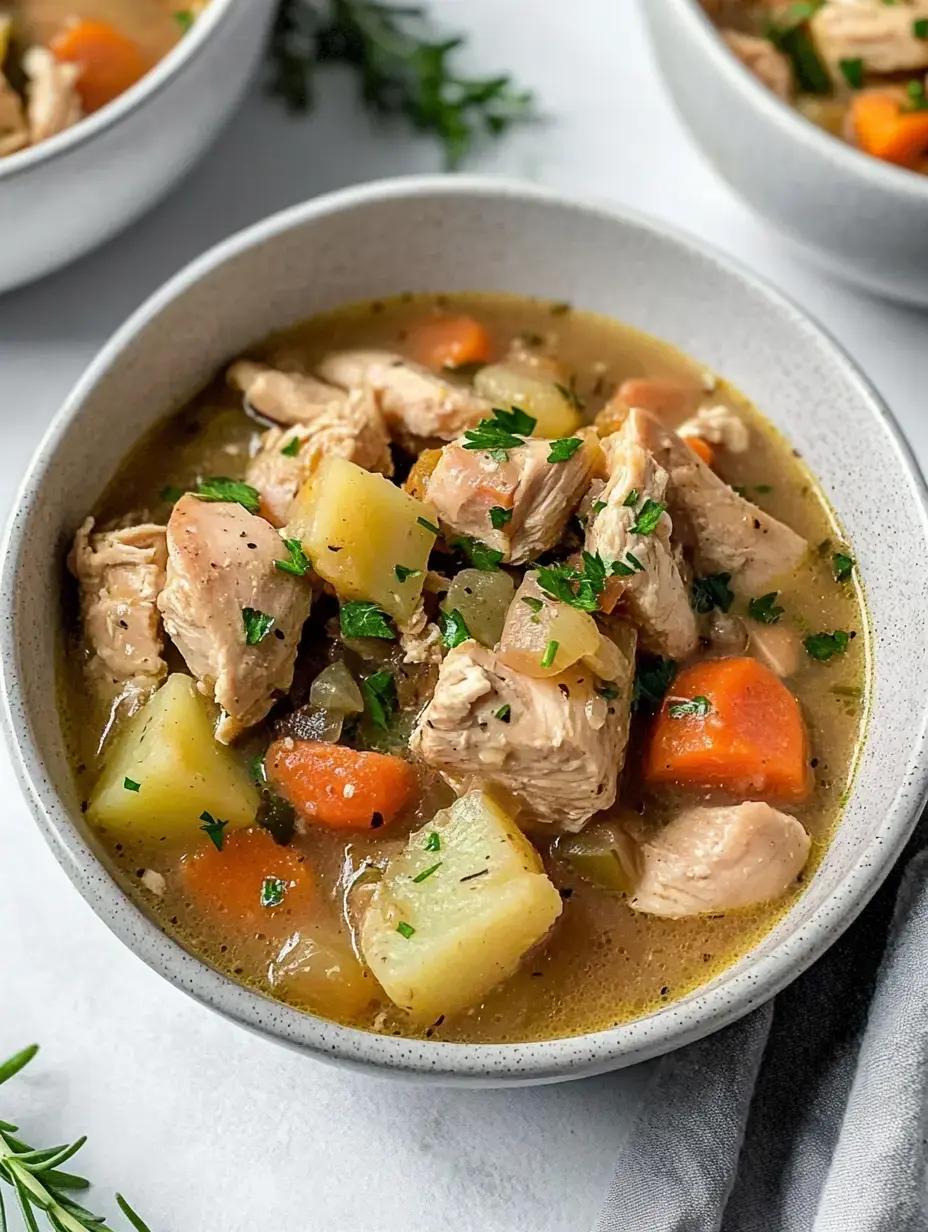 Uma tigela de sopa de frango consistente com pedaços de frango, cenouras, batatas e ervas, decorada com salsinha fresca.
