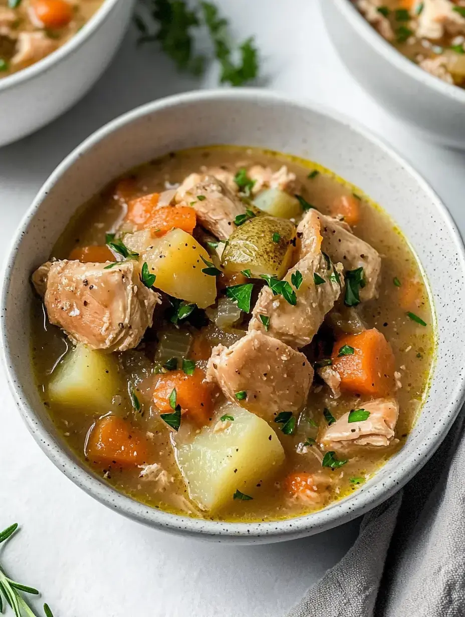 Uma tigela de sopa de frango com pedaços de frango, cenouras, batatas e ervas num caldo saboroso.