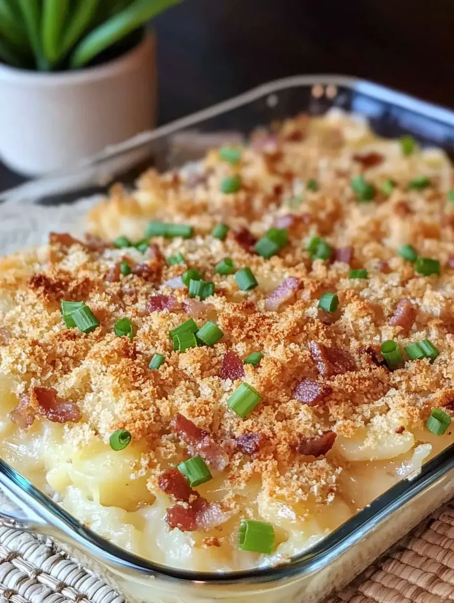 Um prato assado de macarrão cremoso coberto com farofa crocante, pedacinhos de bacon e cebolinha, apresentado numa travessa de vidro.